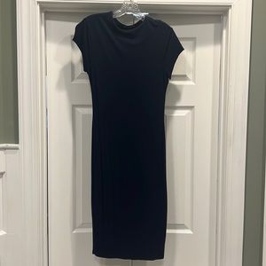 Fitted Navy midi length Dress with built in slip layer, sz M, soft and stretchy